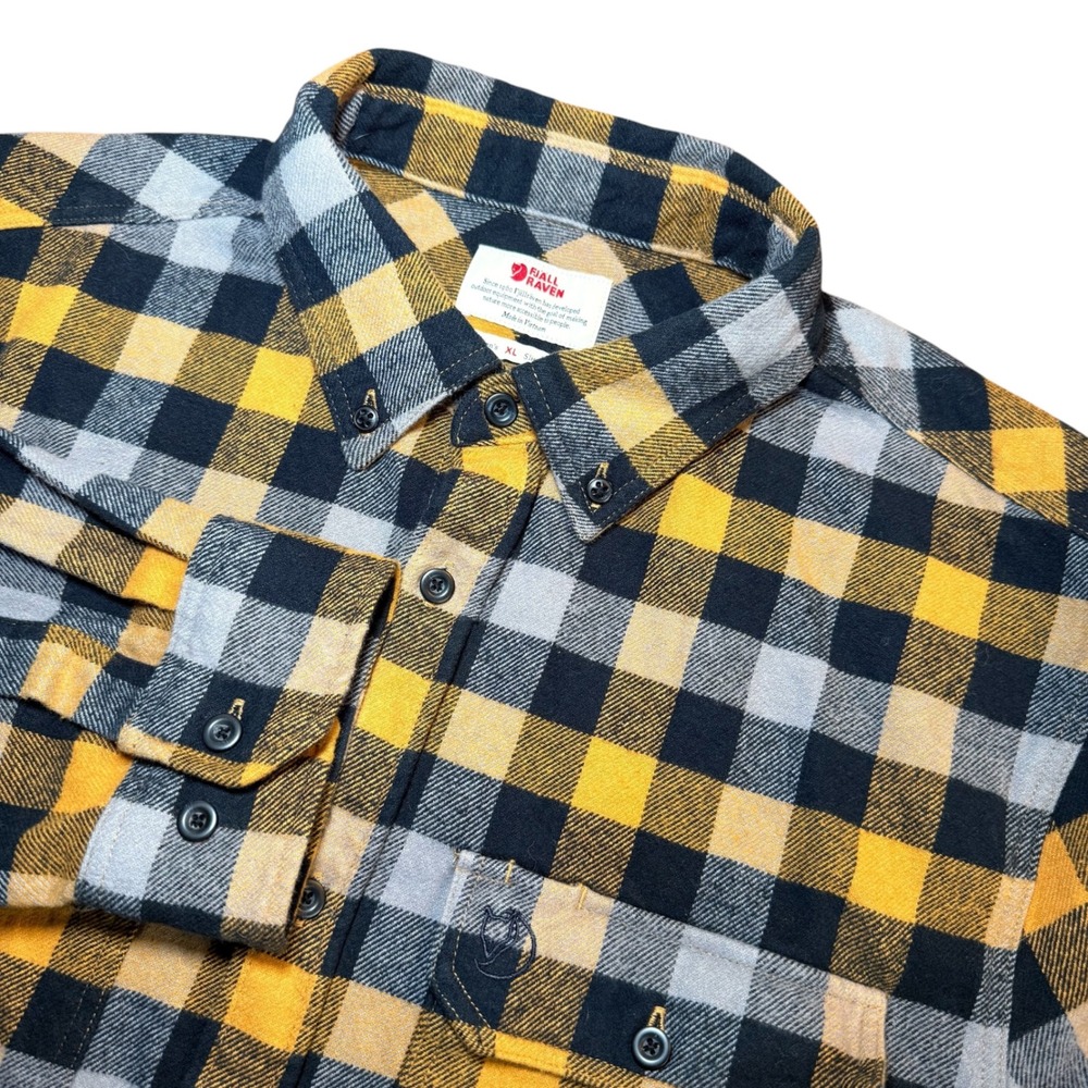 Fjallraven Skog Shirt Mens XL Slim Fit Ochre Yellow Plaid Flannel Button Down